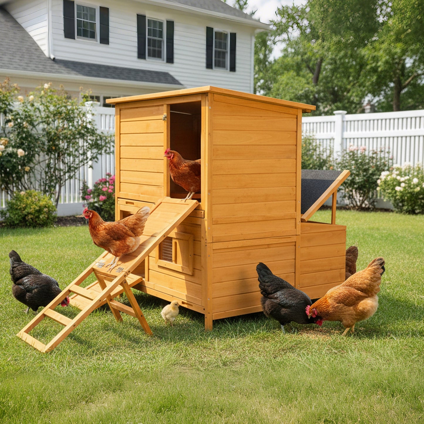 Double-House Wooden Chicken Coop For 6-8 Chickens